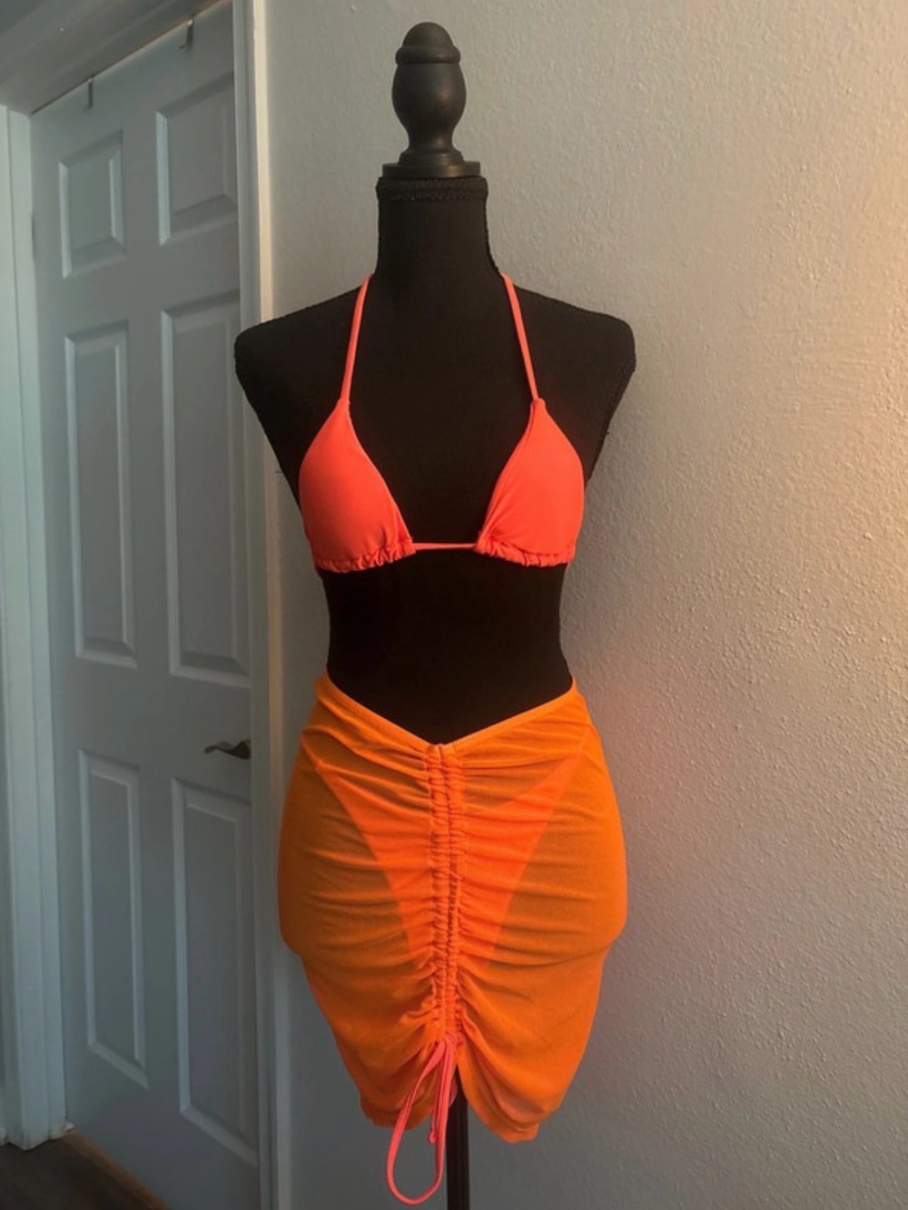 NWOT Neon Orange 3 Piece Triangle Bikini & Ruched Skirt Set